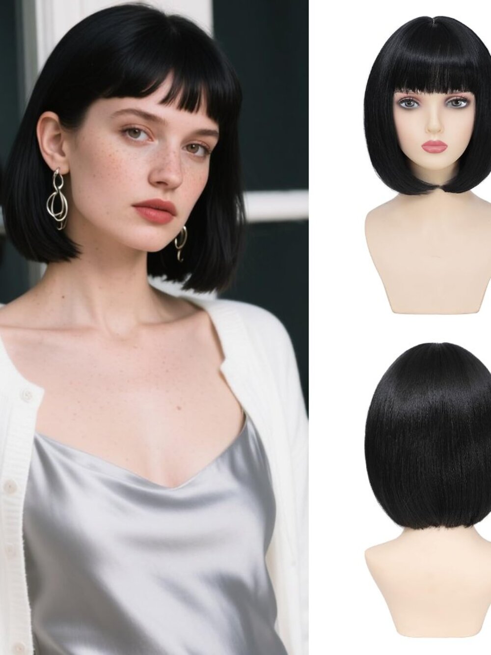 Refined hair Black Bob Wig with Bangs 12 Inch Short Straight Synthetic Wig